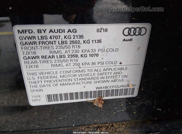 WA1BCCFS3JR026593 2018 AUDI Q3 Black Շարժիչի բաժամունքի տեսք