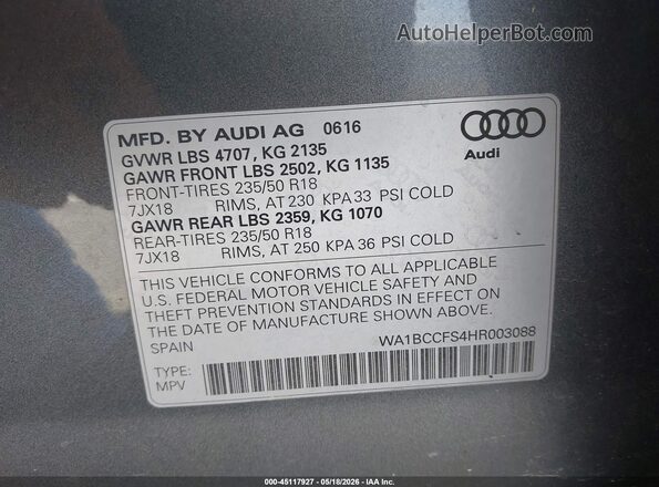 WA1BCCFS4HR003088 2017 AUDI Q3 Серый Вид подкапотного пространства