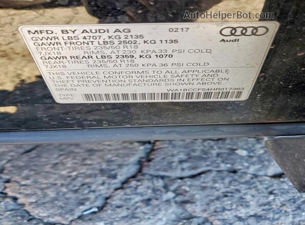 WA1BCCFS4HR017363 2017 AUDI Q3 Черный Вид наклейки с VIN-кодом
