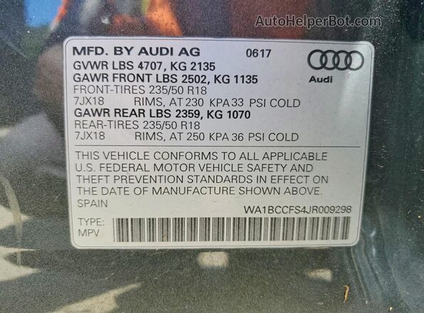 WA1BCCFS4JR009298 2018 AUDI Q3 Gray VIN կոդի պիտակի տեսք