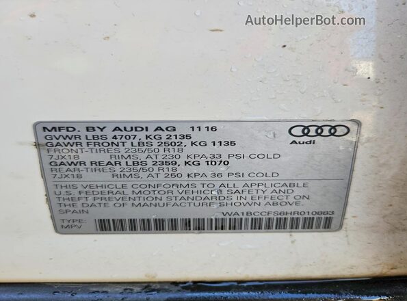 WA1BCCFS6HR010883 2017 AUDI Q3 White Widok komory silnika