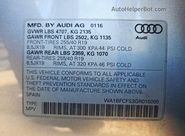 WA1BFCFS3GR016095 2016 AUDI Q3 Серебряный Панорамный вид салона 360°
