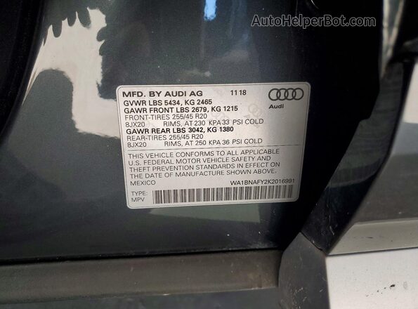WA1BNAFY2K2016991 2019 AUDI Q5 Серый Вид наклейки с VIN-кодом