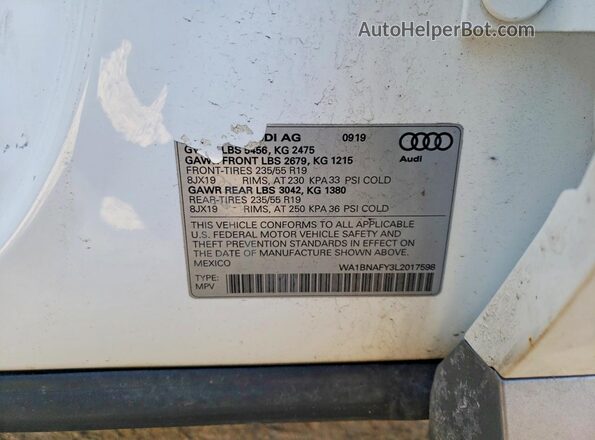 WA1BNAFY3L2017598 2020 AUDI Q5 White Вид наклейки з VIN-кодом