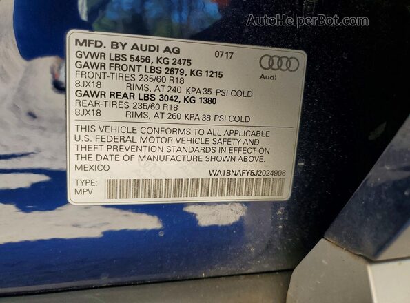 WA1BNAFY5J2024906 2018 AUDI Q5 Blue Widok naklejki z numerem VIN