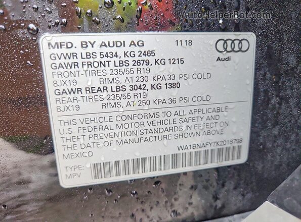 WA1BNAFY7K2018798 2019 AUDI Q5 Черный Вид наклейки с VIN-кодом