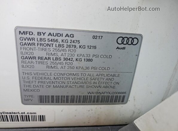 WA1BNAFYXJ2006885 2018 AUDI Q5 Белый Вид наклейки с VIN-кодом