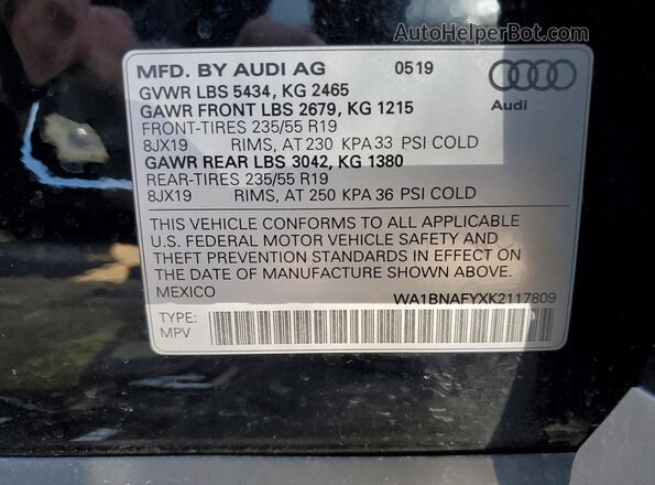 WA1BNAFYXK2117809 2019 AUDI Q5 Черный Вид наклейки с VIN-кодом