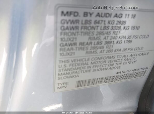 WA1BVAF18KD016954 2019 AUDI Q8 Синий Вид подкапотного пространства