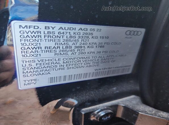 WA1BVBF14ND026648 2022 AUDI Q8 Черный Вид наклейки с VIN-кодом