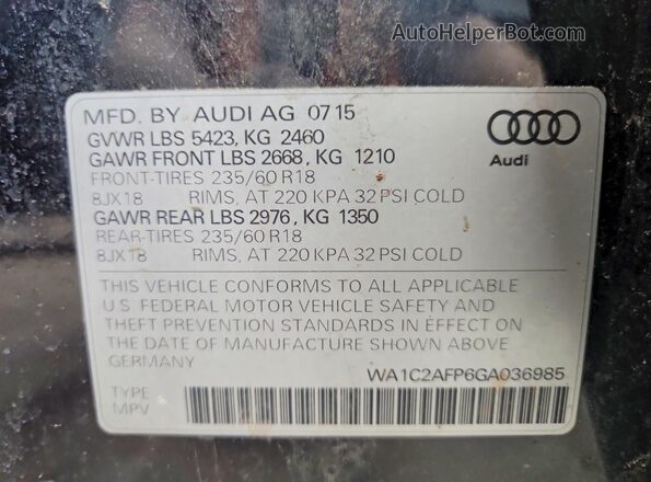 WA1C2AFP6GA036985 2016 AUDI Q5 Blue Вид наклейки з VIN-кодом