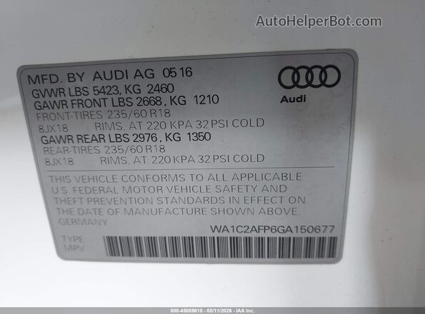 WA1C2AFP6GA150677 2016 AUDI Q5 White ძრავის განყოფილების ხედი