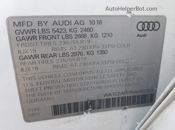 WA1C2AFP7HA062903 2017 AUDI Q5 White უკანა სავარძლების ხედი