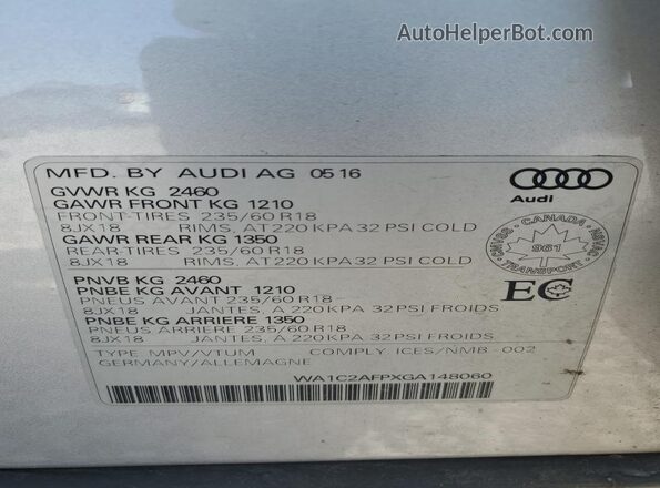 WA1C2AFPXGA148060 2016 AUDI Q5 Silver Widok naklejki z numerem VIN