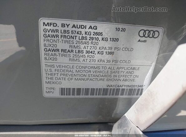WA1C4AFY0M2013467 2021 AUDI SQ5 Gray Vista del compartimento del motor
