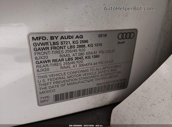 WA1C4AFY3K2078200 2019 AUDI SQ5 Белый Вид подкапотного пространства