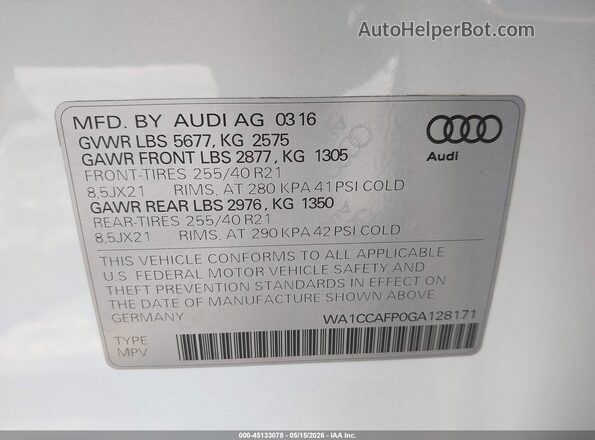 WA1CCAFP0GA128171 2016 AUDI SQ5 White Շարժիչի բաժամունքի տեսք