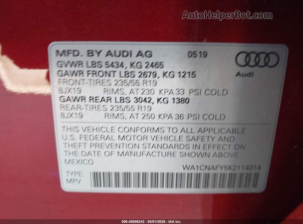 WA1CNAFY5K2114014 2019 AUDI Q5 Красный Вид подкапотного пространства