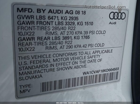 WA1CVAF18KD004503 2019 AUDI Q8 White Widok komory silnika