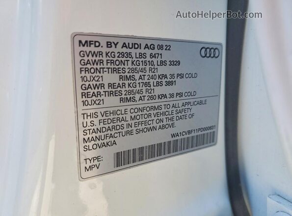 WA1CVBF11PD000631 2023 AUDI Q8 White VIN კოდის სტიკერის ხედი