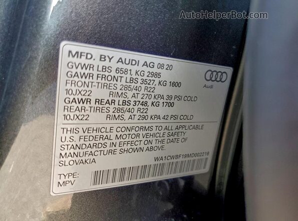 WA1CWBF19MD002216 2021 AUDI SQ8 Серый Вид наклейки с VIN-кодом