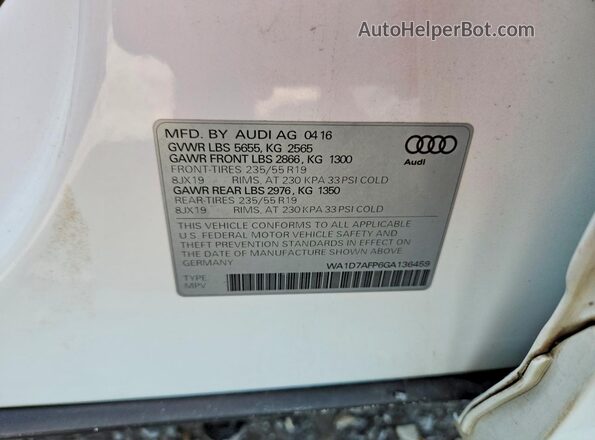 WA1D7AFP6GA136459 2016 AUDI Q5 White Widok naklejki z numerem VIN
