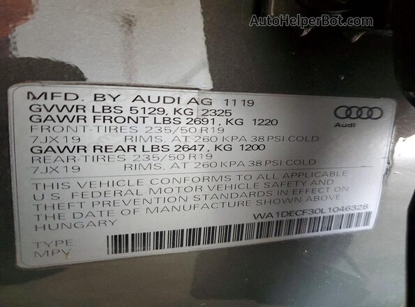 WA1DECF30L1046328 2020 AUDI Q3 Gray Вид наклейки з VIN-кодом