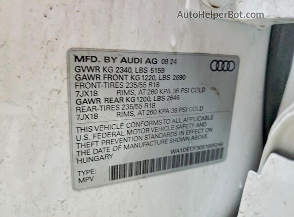 WA1DECF30S1005244 2025 AUDI Q3 White VIN კოდის სტიკერის ხედი