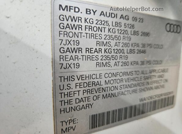 WA1DECF32R1032911 2024 AUDI Q3 White VIN კოდის სტიკერის ხედი