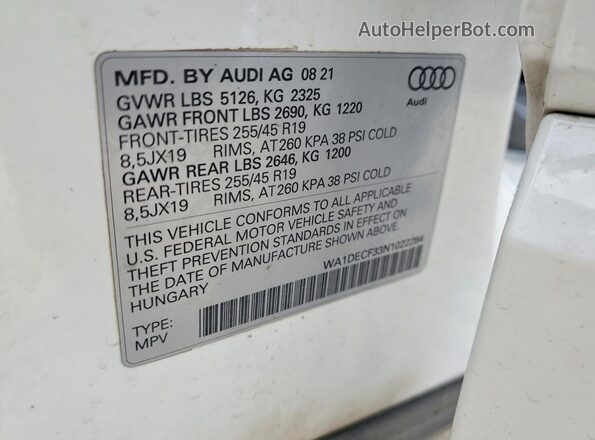 WA1DECF33N1022284 2022 AUDI Q3 Белый Вид наклейки с VIN-кодом