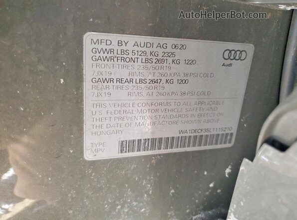 WA1DECF35L1115210 2020 AUDI Q3 Gray Vista de la etiqueta del VIN