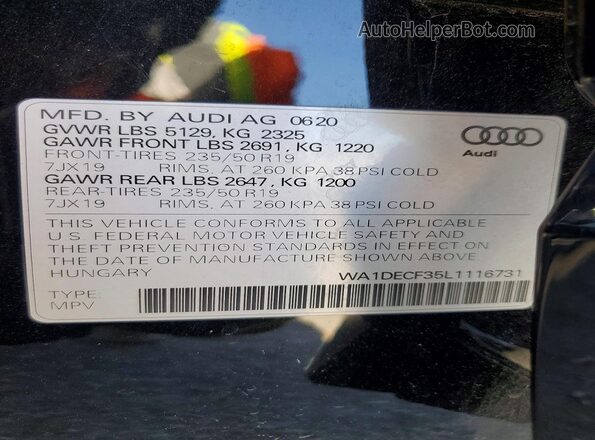 WA1DECF35L1116731 2020 AUDI Q3 Черный Вид наклейки с VIN-кодом