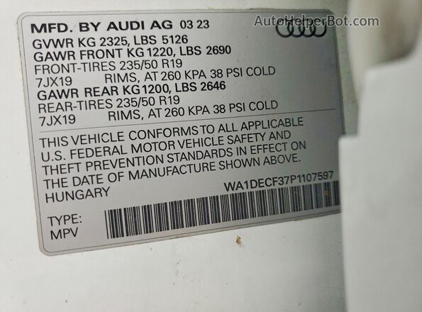 WA1DECF37P1107597 2023 AUDI Q3 White VIN კოდის სტიკერის ხედი