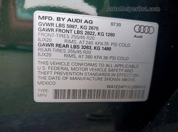 WA1E2AFY1L2093410 2020 AUDI Q5 Зеленый Панорамный вид салона 360°