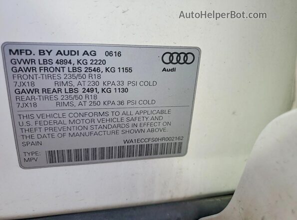 WA1ECCFS0HR002162 2017 AUDI Q3 White ძრავის განყოფილების ხედი
