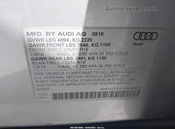 WA1ECCFS1HR006320 2017 AUDI Q3 Silver Vista del compartimento del motor