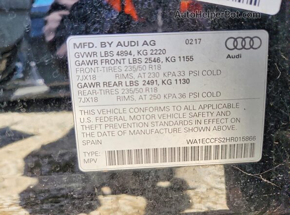 WA1ECCFS2HR015866 2017 AUDI Q3 Черный Вид наклейки с VIN-кодом