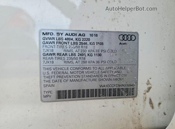 WA1ECCFS3HR008943 2017 AUDI Q3 White Widok naklejki z numerem VIN