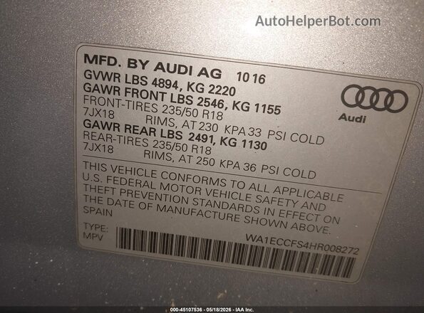WA1ECCFS4HR008272 2017 AUDI Q3 Silver Engine compartment view