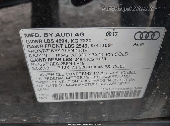 WA1ECCFS6JR013480 2018 AUDI Q3 Black Vista del compartimento del motor