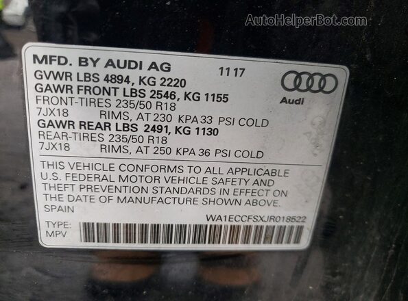 WA1ECCFSXJR018522 2018 AUDI Q3 Black VIN კოდის სტიკერის ხედი