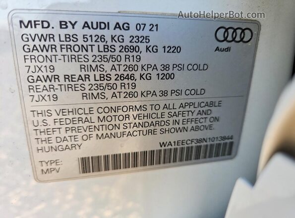 WA1EECF38N1013844 2022 AUDI Q3 White Widok naklejki z numerem VIN