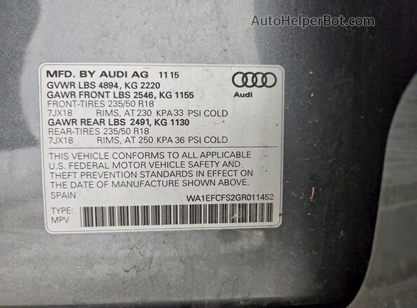 WA1EFCFS2GR011452 2016 AUDI Q3 Gray VIN კოდის სტიკერის ხედი