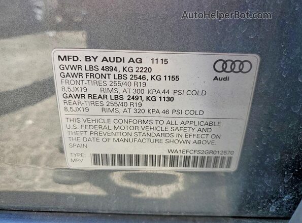 WA1EFCFS2GR012570 2016 AUDI Q3 Gray VIN კოდის სტიკერის ხედი