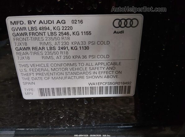 WA1EFCFS5GR018492 2016 AUDI Q3 Черный Вид подкапотного пространства