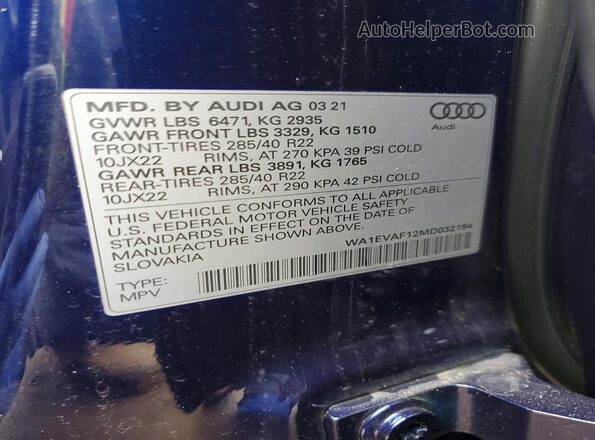 WA1EVAF12MD032194 2021 AUDI Q8 Blue Widok naklejki z numerem VIN