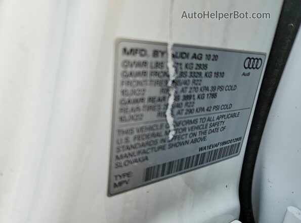WA1EVAF18MD012905 2021 AUDI Q8 Белый Вид наклейки с VIN-кодом