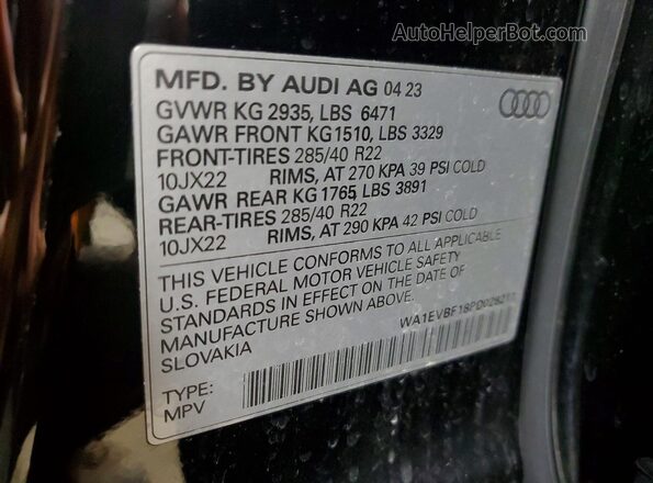 WA1EVBF18PD028211 2023 AUDI Q8 Black Вид наклейки з VIN-кодом