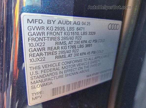 WA1FVBF10SD037286 2025 AUDI Q8 Синий Вид наклейки с VIN-кодом
