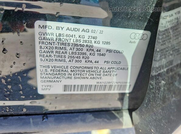 WA1G2BFZ2NP033956 2022 AUDI Q4 Black VIN კოდის სტიკერის ხედი